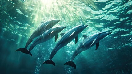Obraz premium Majestic dolphins dance beneath sunlit ocean surface in shimmering aquatic ballet