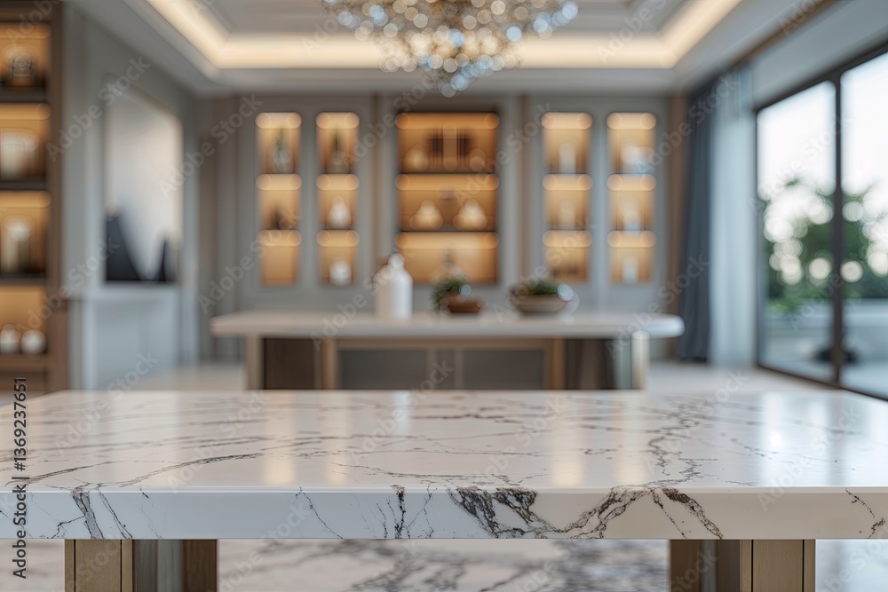 Poster white marble tabletop with soft abstract background for product display and montage