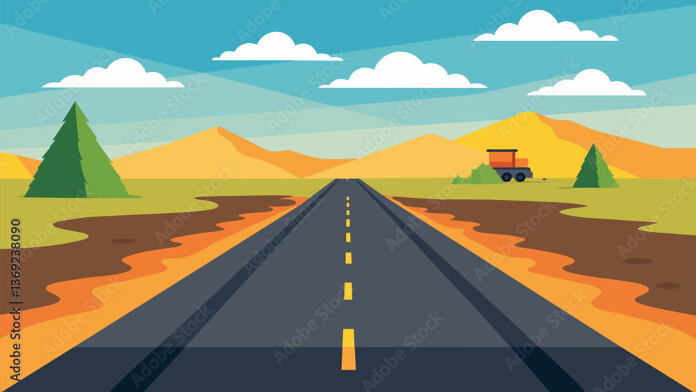 Poster a vast empty road being paved with freshly produced bituminous asphalt showcasing the end result of 