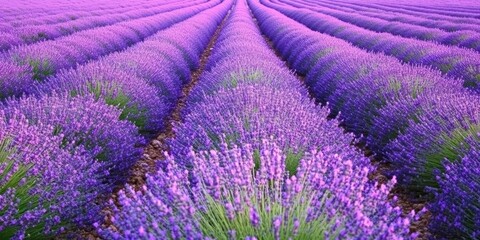 Naklejka premium A vibrant lavender field showcasing rows of blooming flowers in a serene landscape.