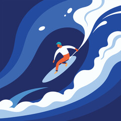 Cartoon illustration of a rocket on the sea with a man on a boat surrounded by fish, birds, penguins, dolphins, and waves, capturing a fun summer holiday vibe