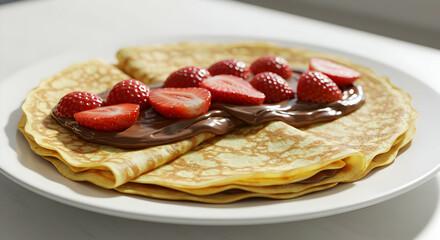 Golden Pancakes Topped With Strawberries And Chocolate
