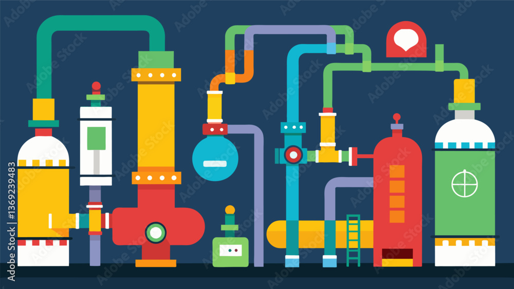 Poster a series of colorful pipes valves and tanks working together to illustrate the complex system of cap