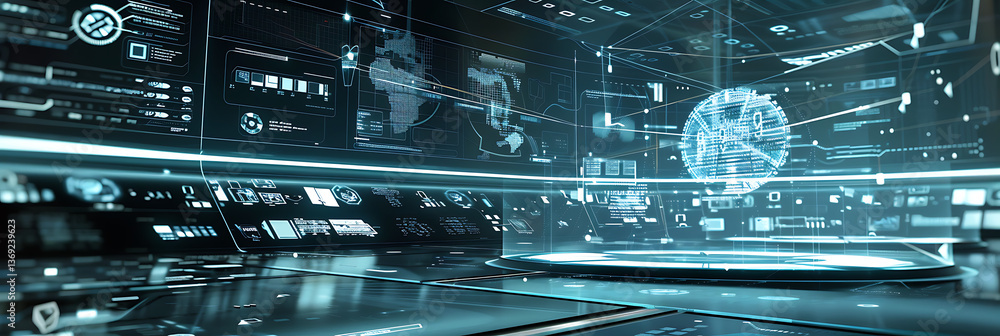 Poster futuristic command center interior featuring holographic displays, global maps, and data interfaces.