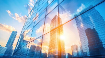 Modern cityscape reflected in glass skyscraper facade at sunset. Stunning urban architecture and vibrant sky.
