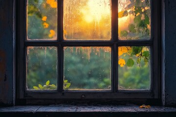 Cozy view through old window with warm autumn light and leaves outside