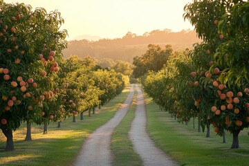 Peaceful countryside road lined with orange trees under golden sunlight