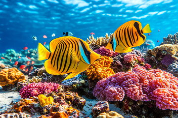 Fototapeta premium vibrant underwater scene showcases two striking yellow and black striped fish swimming gracefully among colorful coral reef. diverse marine life and vivid corals create lively and enchanting