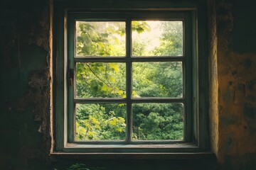 Window view from dark room showing trees and golden autumn leaves
