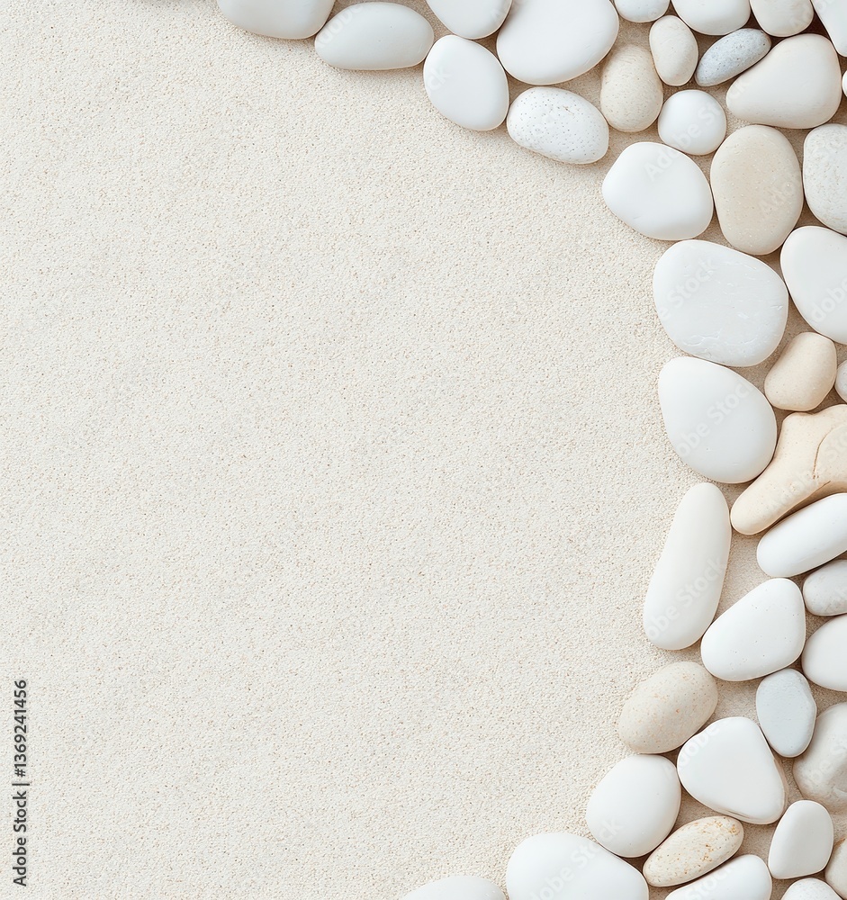 Aufkleber a serene arrangement of smooth white pebbles on a light sandy background, creating a calming and min