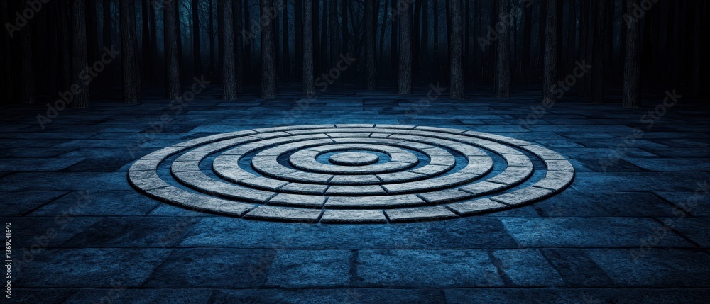Poster mysterious spiral pattern on dark stone floor surrounded by shadowy trees.