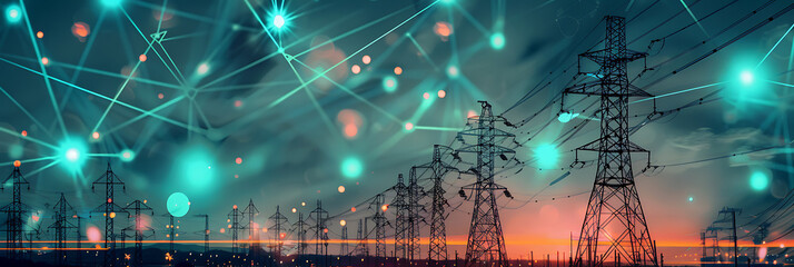 Concept of smart grid technology overlaying electrical power lines at dusk. Abstract network connections represent energy distribution and data communication.
