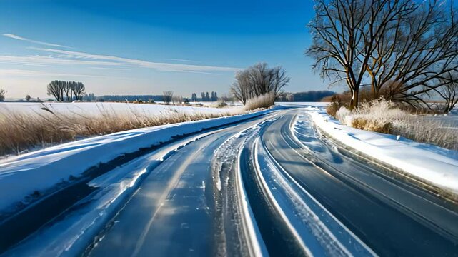 Frozen Winter Road, Sunny Landscape