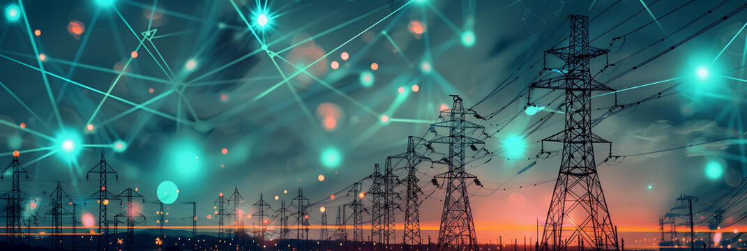 Concept of smart grid technology overlaying electrical power lines at dusk. Abstract network connections represent energy distribution and data communication.

