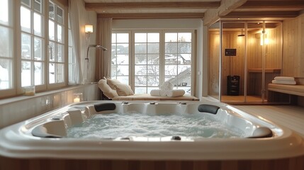 Luxury Spa Relaxation: Hot Tub and Sauna with Mountain View