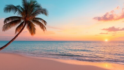 Obraz premium A serene beach scene with a palm tree during a colorful sunset.