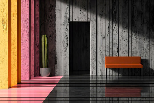 Fototapeta Modern Minimalist Interior with Orange Bench and Cactus Plant