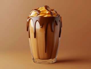 delicious iced chocolate frappe with caramel sauce running over the edge of the glas. creamy texture. 