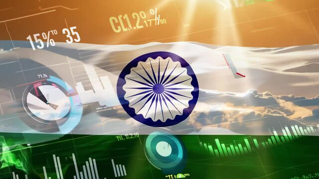 The Indian flag overlayed on financial charts, representing the country's economic progress, investment opportunities, stock market trends, and India's financial growth and business expansion.