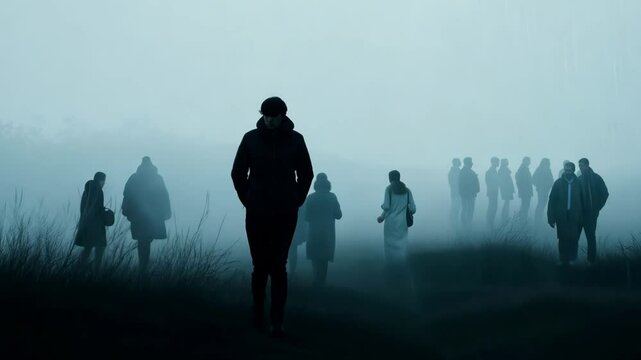 A mysterious silhouette of people walking in dense fog, representing isolation, uncertainty, and eerie atmosphere, evoking feelings of suspense and fear in a foggy, desolate environment.