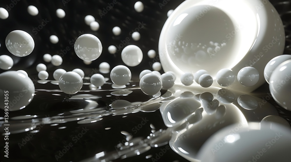 Poster abstract composition of glossy white spheres floating and resting on a dark reflective surface. mini