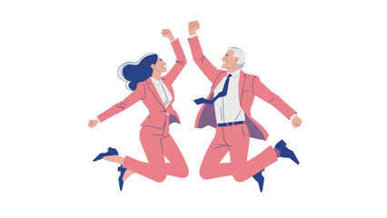 Two businesspeople jumping up and down, senior man and young woman with triumphant pose