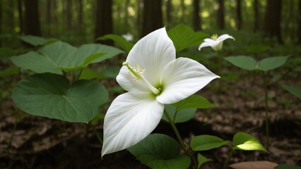 Obraz premium Serene White Trillium Blooms Amidst Verdant Foliage in a Quiet Forest, Captured in Sharp Detail and Gentle Light.
