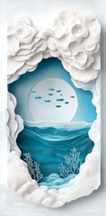  3d paper cut art of an ocean, with small fish swimming in the center hole, white and blue colors, organic sculpting 