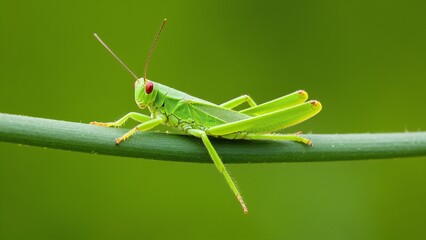 Emerald Hopper: A Vibrant Green Grasshopper Perched on a Stem, a Stunning Macro View into the Insect World.