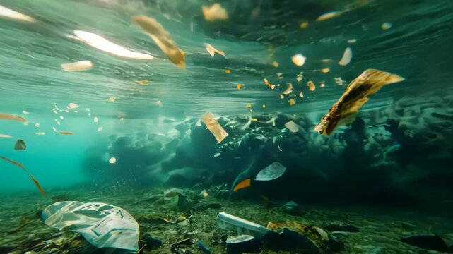 Underwater Pollution Plastic Debris in Coral Reef