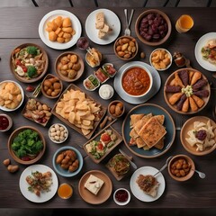 Top view of a table full of delicious food composition