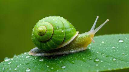 A serene snail sits on a verdant leaf, its shell glistening with dewdrops, capturing the peaceful beauty of nature&rsquo;s small moments.