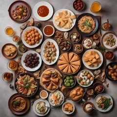 Top view of a table full of delicious food composition