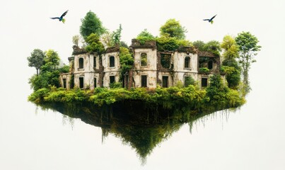 Obraz premium Abandoned mansion overgrown on floating island, fantasy concept art