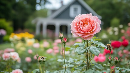 Pink Rose in Bloom, Garden House Background