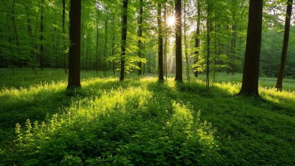 Fototapeta premium Emerald Canopy: Sunlight Dancing Through a Forest of Lush Green, Illuminating the Undergrowth and Capturing the Essence of Natural Beauty.