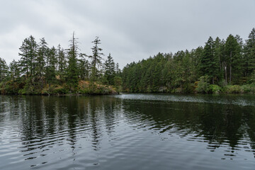 Upper Thetis lake at Thetis Lake Regional Park calm water and overcast day
