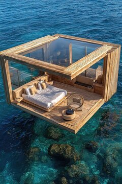 Wooden overwater bedroom suite with glass ceiling offering stunning ocean views Features a comfy bed seating and dir
