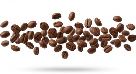 Obraz premium Scattered roasted coffee beans floating with a delicate shadow on a white background.