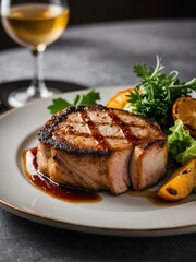 attractive porkchop close-up on a beautiful plate arrangement portrait