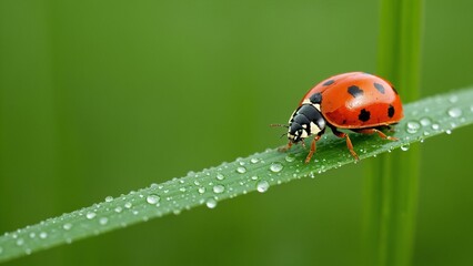 Obraz premium A Vibrant Ladybug Adorned with Black Spots Resting Gracefully on a Blade of Grass Speckled with Morning Dew.