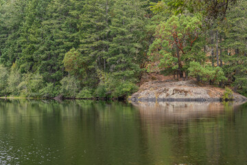 Upper Thetis lake at Thetis Lake Regional Park calm water and overcast day