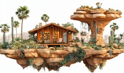 Fototapeta premium Desert oasis cabin on floating rock, serene escape, sunset view