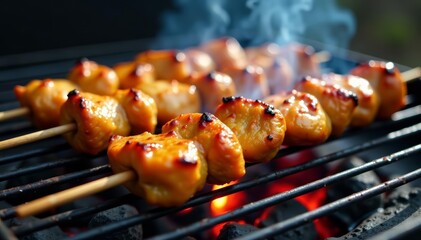 Juicy chicken and beef skewers sizzling on a barbeque grill, skewers, grilling