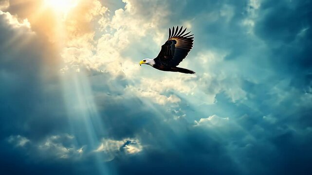 Majestic eagle soaring through a dramatic sky filled with clouds and sunlight