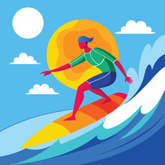 Surfer riding the waves on a beach with ocean, boat, kayak, and fish in the background, capturing a fun summer moment in a cartoon vector illustration