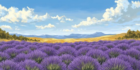 Fototapeta premium A vibrant lavender field under a blue sky with distant mountains and fluffy clouds.