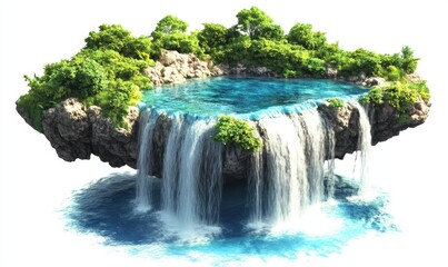 Naklejka premium Floating island waterfall paradise, lush vegetation, tranquil scene, ideal for fantasy projects