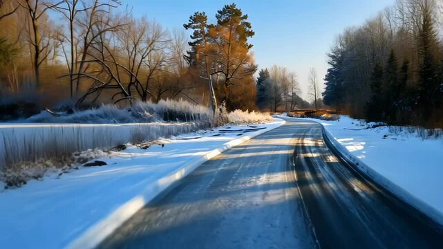 Frozen winter road through snowy forest
