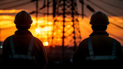 Two workers in safety helmets observe sunset behind power lines, showcasing their dedication to infrastructure maintenance and safety in energy sector